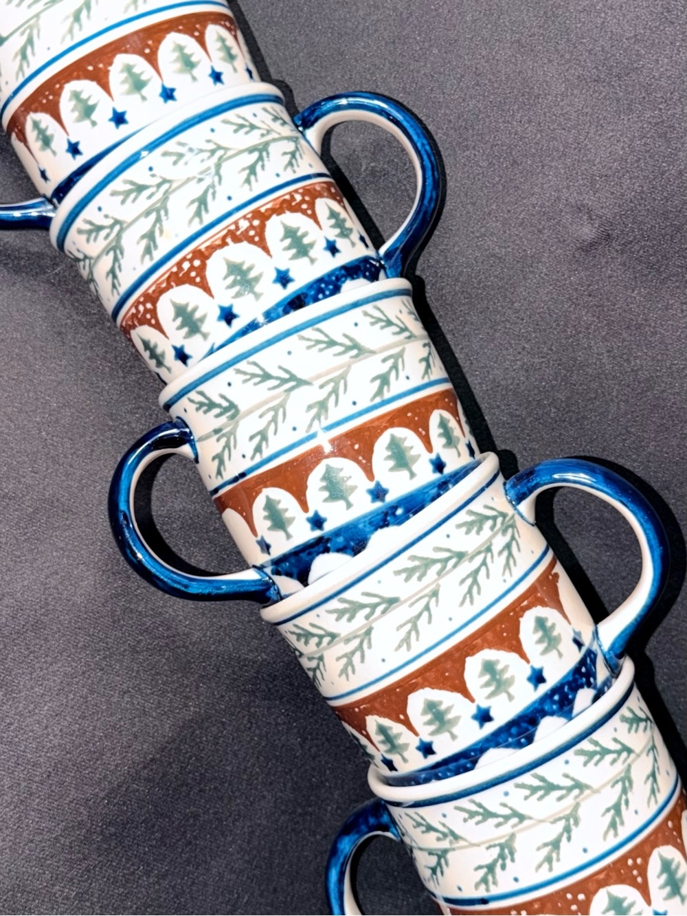 Polish Pottery Mugs set of 6 with Blue Handles and Festive Tree Pattern - Picture 9 of 10